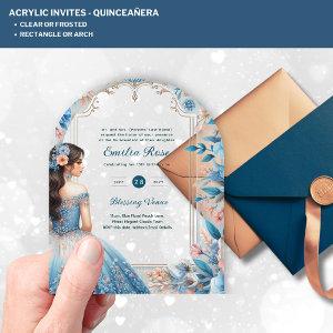 ACRYLIC Quinceañera Blue Silver Peach Dress Floral Acrylic