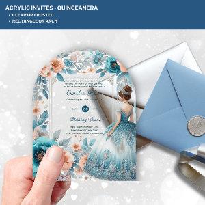 ACRYLIC Quinceañera Blue Silver Peach Dress Floral Acrylic