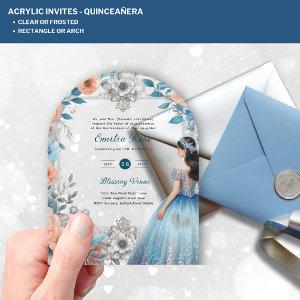 ACRYLIC Quinceañera Blue Silver Peach Dress Floral Acrylic