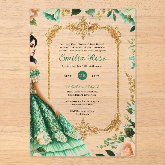 ACRYLIC Quinceañera Emerald GREEN Gold Dress Acrylic