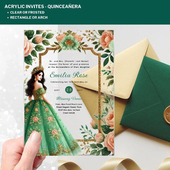 ACRYLIC Quinceañera Emerald GREEN Gold Dress Acrylic