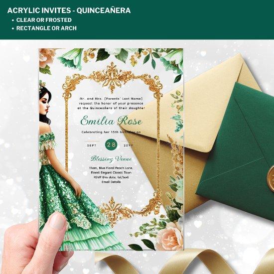 ACRYLIC Quinceañera Emerald GREEN Gold Dress Acrylic
