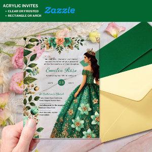 ACRYLIC Quinceañera Emerald GREEN Gold Dress Acrylic