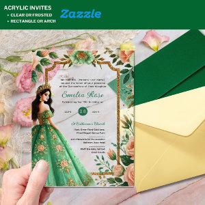 ACRYLIC Quinceañera Emerald GREEN Gold Dress Acrylic
