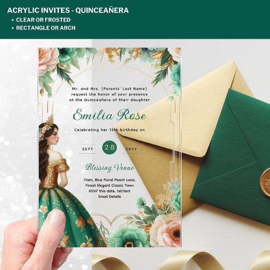 ACRYLIC Quinceañera Emerald GREEN GOLD Dress Acrylic
