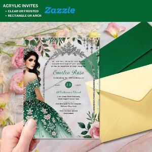 ACRYLIC Quinceañera Emerald GREEN Silver Dress Acrylic