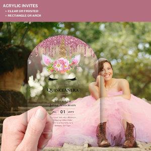 ACRYLIC Quinceanera Pink Unicorn Dripping Glitter Acrylic