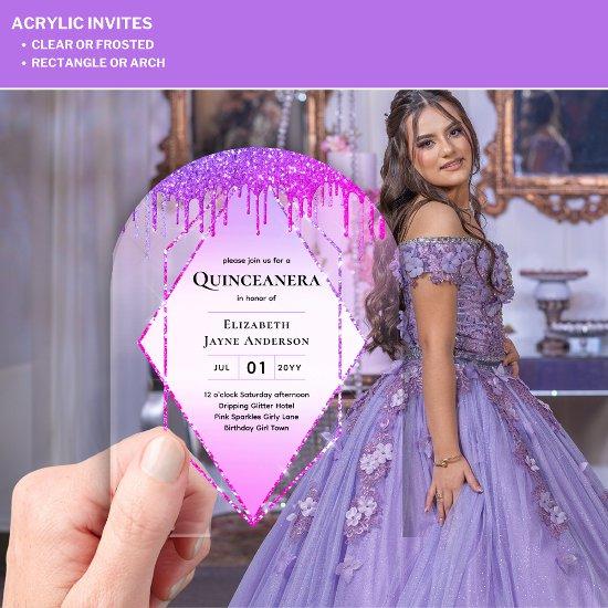 ACRYLIC Quinceanera Purple Dripping Pink Glitter Acrylic