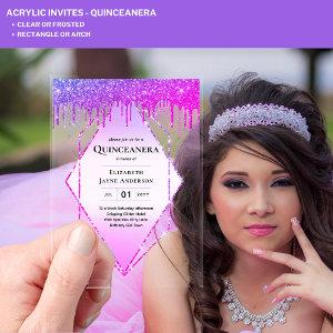 ACRYLIC Quinceanera Purple Dripping Pink Glitter Acrylic