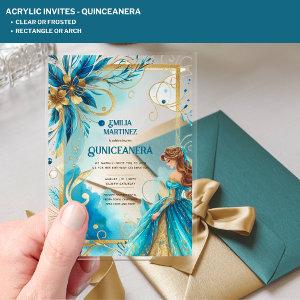 ACRYLIC Quinceanera Teal Gold Floral Dress Quince Acrylic