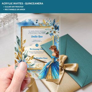 ACRYLIC Quinceanera Teal Gold Floral Dress Quince Acrylic