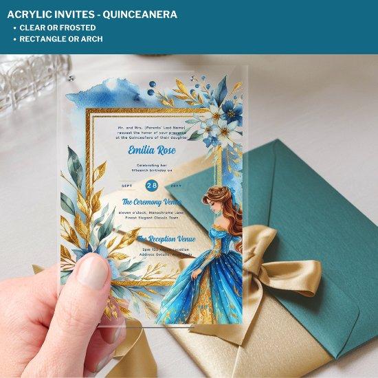 ACRYLIC Quinceanera Teal Gold Floral Dress Quince Acrylic