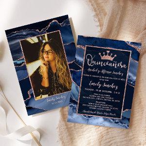 Agate Blue Rose Gold Quinceañera Photo Spanish