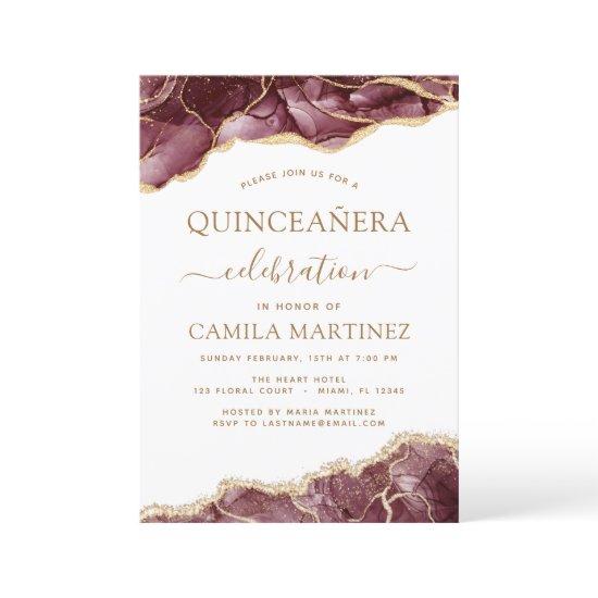 Agate Burgundy Quinceañera Gold 15th Birthday Invi