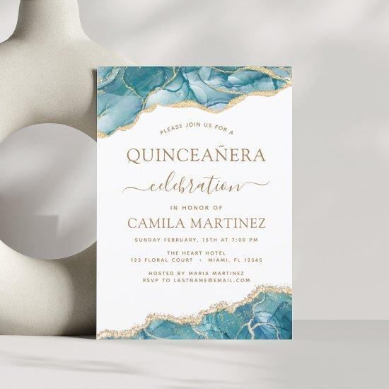 Agate Turquoise Quinceañera Teal Gold Blue Invitat