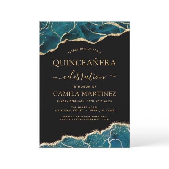 Agate Turquoise Quinceañera Teal Gold Blue Invitat