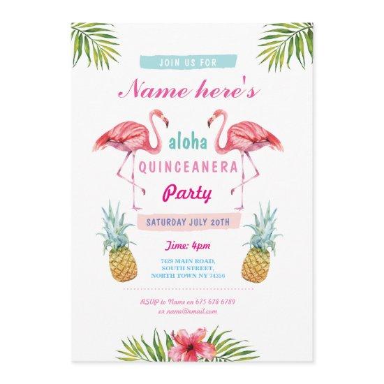 Aloha Flamingo Quinceanera Birthday Party Invite