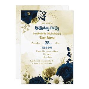 Amazing navy blue ivory flowers gold birthday