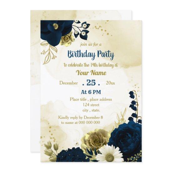 Amazing navy blue ivory flowers gold birthday