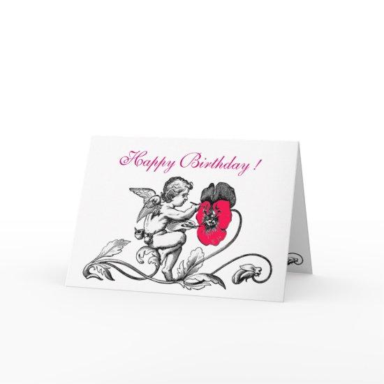 ANGEL PAINTING A PINK FLOWER BIRTHDAY CARD
