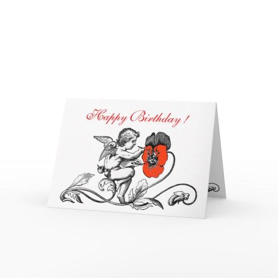 ANGEL PAINTING A RED  FLOWER BIRTHDAY CARD