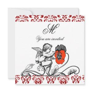 ANGEL PAINTING A RED FLOWER DAMASK MONOGRAM
