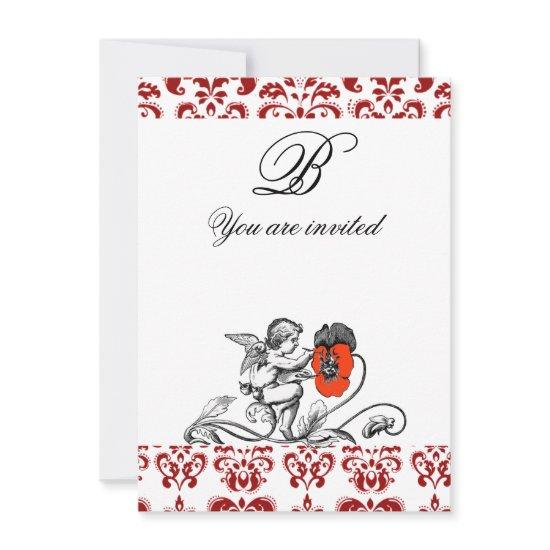 ANGEL PAINTING A RED FLOWER DAMASK MONOGRAM