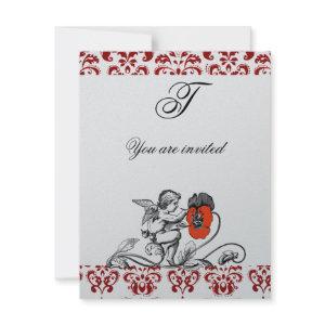 ANGEL PAINTING A RED FLOWER DAMASK MONOGRAM Silver