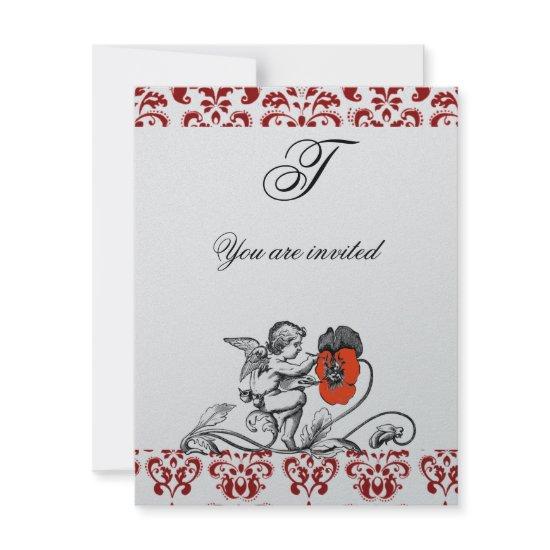 ANGEL PAINTING A RED FLOWER DAMASK MONOGRAM Silver
