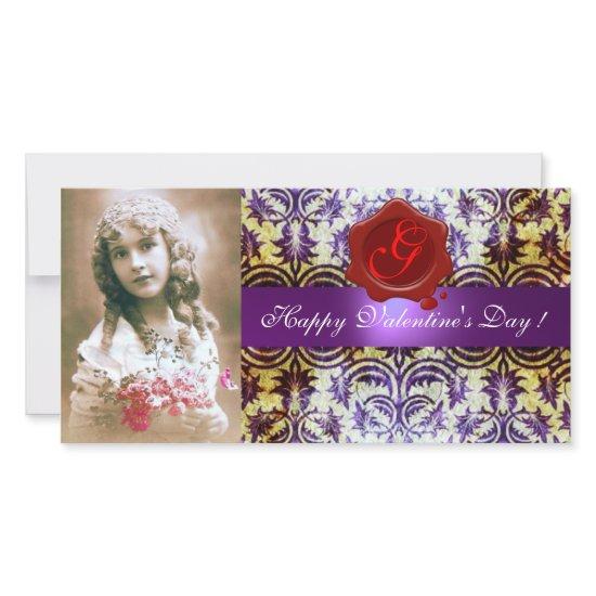 ANTIQUE PURPLE DAMASK RED WAX SEAL Monogram Holiday Card