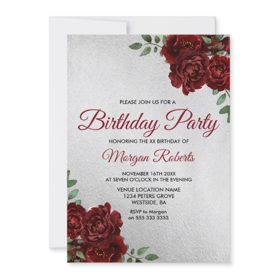 Any Age Silver Foil Burgundy Rose Birthday Party