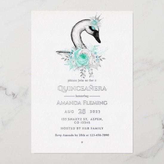 Aqua and Silver Swan Quinceañera Foil