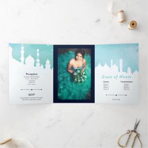 Aqua Arabian Nights Watercolor Quinceañera Tri-Fol Tri-Fold