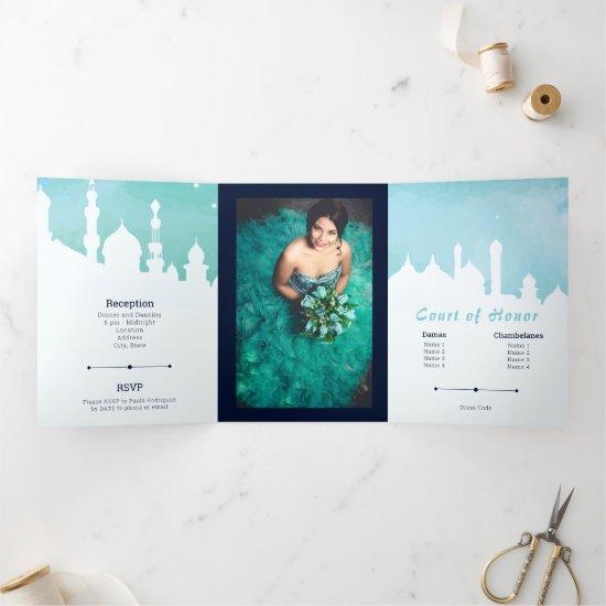 Aqua Arabian Nights Watercolor Quinceañera Tri-Fol Tri-Fold