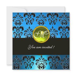 AQUA BLUE BLACK  DAMASK MONOGRAM, yellow topaz
