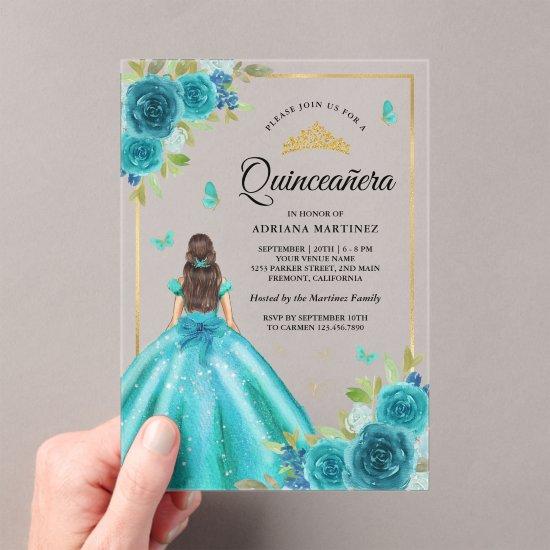 Aqua Blue Floral Dress Butterfly Gold Quinceanera Acrylic