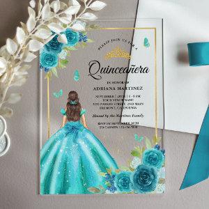 Aqua Blue Floral Dress Butterfly Gold Quinceanera Acrylic
