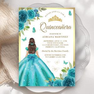 Aqua Blue Floral Dress Butterfly Gold Quinceanera