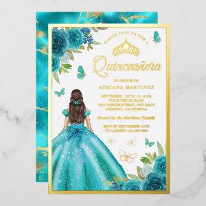 Aqua Blue Floral Dress Butterfly Quinceanera Gold Foil