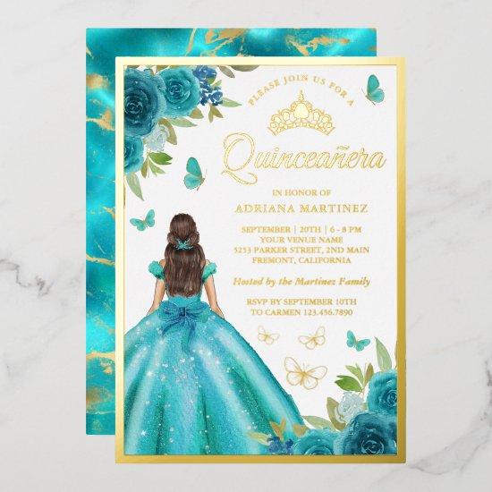 Aqua Blue Floral Dress Butterfly Quinceanera Gold Foil