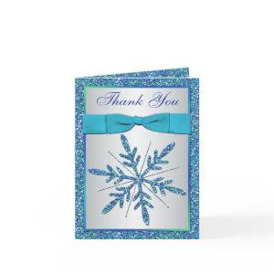 Aqua Blue Silver Snowflakes Photo Thank You Card