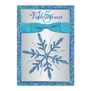 Aqua, Silver, Blue Snowflake Quinceanera Invite
