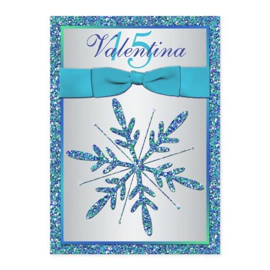 Aqua, Silver, Blue Snowflake Quinceanera Invite