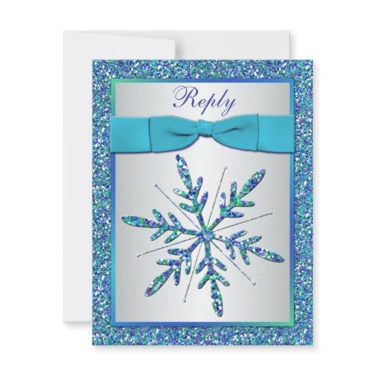Aqua, Silver, Blue Snowflake RSVP Card