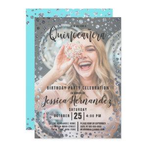 Aqua Silver Glitter Confetti Photo Quinceañera