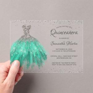Aqua Silver Glitter Dress Script Quinceañera Party Acrylic