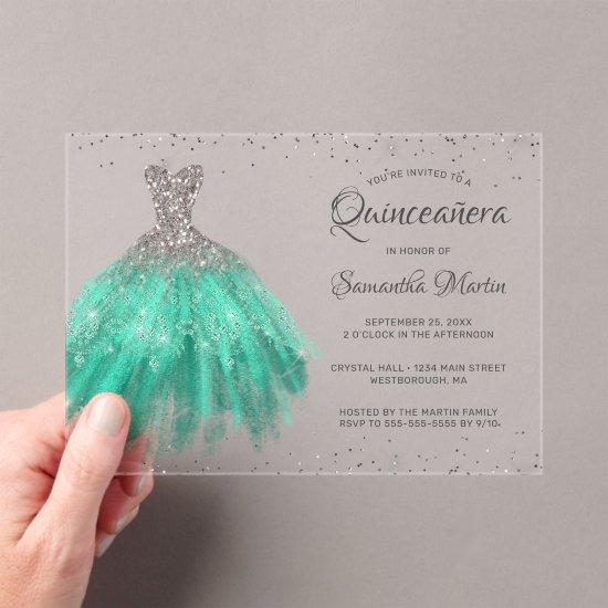 Aqua Silver Glitter Dress Script Quinceañera Party Acrylic