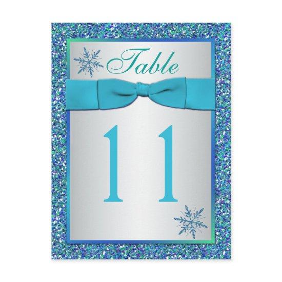 Aqua Silver Green Snowflakes Table Number Card