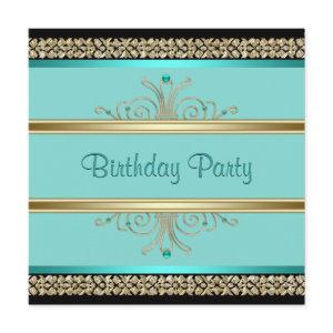 Aqua Teal Blue Womans Black Gold Birthday Party