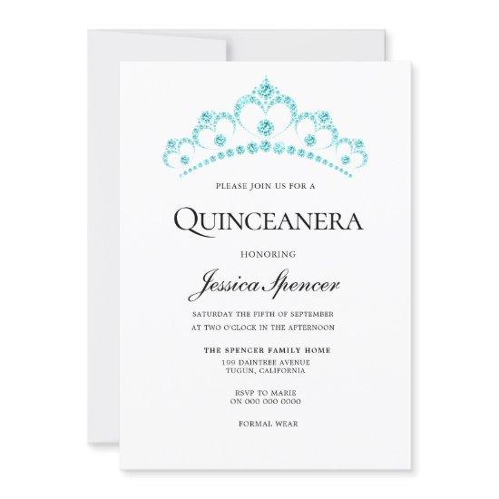 Aqua Teal Diamond Tiara Quinceanera Invite